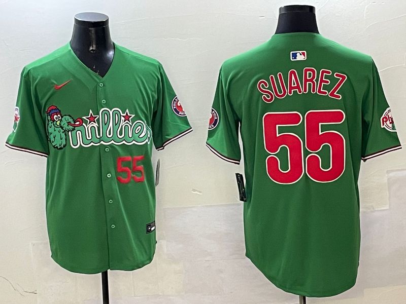Men Philadelphia Phillies #55 Suarez Green Three generations Joint Name Game 2025 Nike MLB Jersey style 5